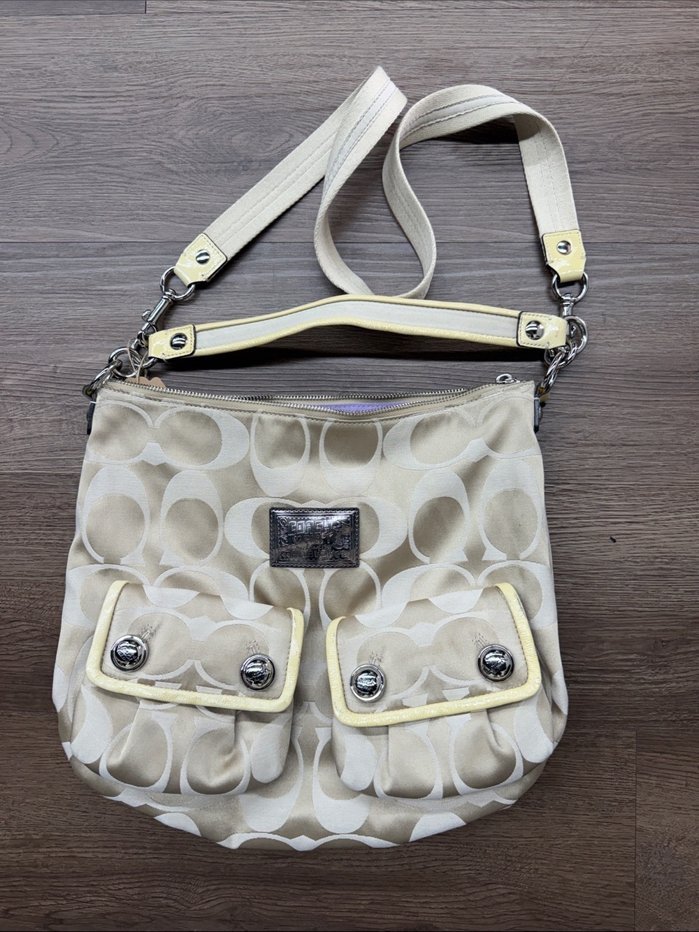 Coach Beige Signature Canvas Shoulder Bag with Patent Leather Trim